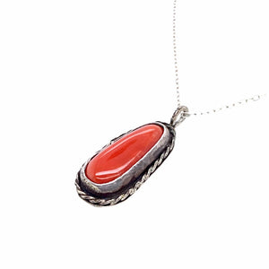 Native American Necklaces - Small Old Pawn Red Coral Pendant & Sterling Silver Chain Necklace - Native American