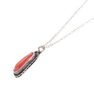 Native American Necklaces - Small Old Pawn Red Coral Pendant & Sterling Silver Chain Necklace - Native American