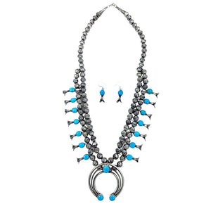 Native American Necklaces - Turquoise Squash Blossom Necklace & Earrings Set - Native American - Navajo