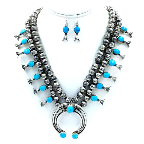 Image of Native American Necklaces - Turquoise Squash Blossom Necklace & Earrings Set - Native American - Navajo