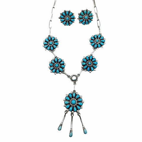 Image of Native American Necklaces - Zuni Petit Point Sleeping Beauty Turquoise Cluster Dangle Necklace & Earrings Set - Native American