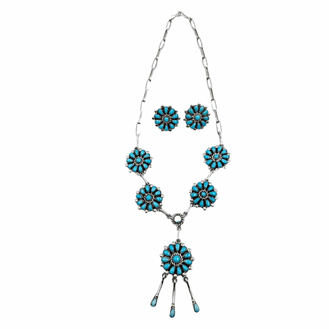 Image of Native American Necklaces - Zuni Petit Point Sleeping Beauty Turquoise Cluster Dangle Necklace & Earrings Set - Native American