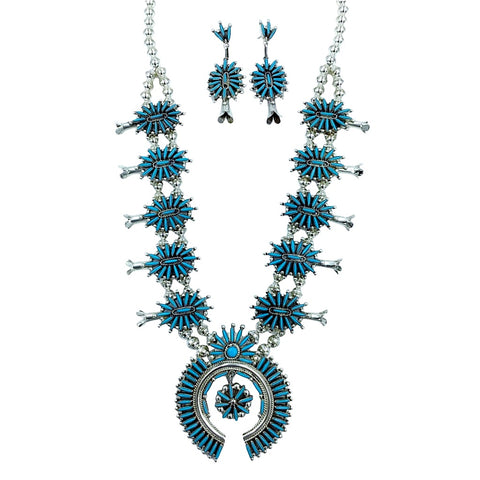 Image of Native American Necklaces - Zuni Sleeping Beauty Needlepoint Squash Blossom Necklace Set -Waatsa - Native American