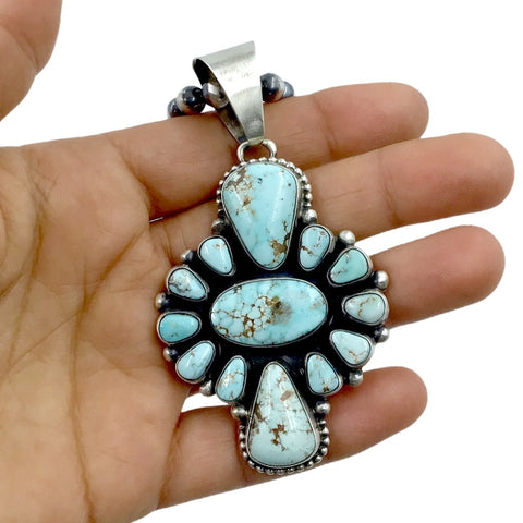 Image of Native American Pendants - Large Navajo Dry Creek Turquoise Cluster Silver Drop Border Sterling Silver Pendant Navajo Pearls Necklace - Livingston - Native American