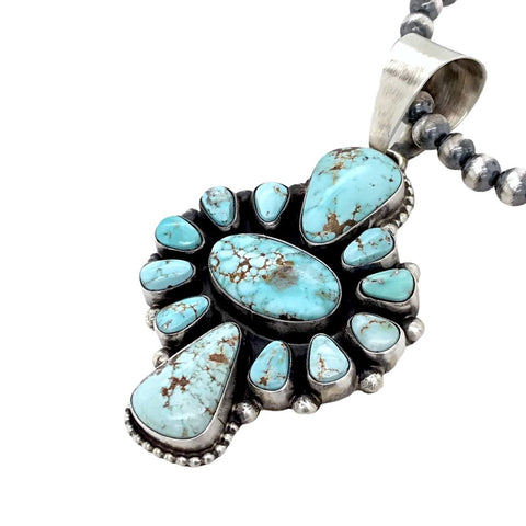 Image of Native American Pendants - Large Navajo Dry Creek Turquoise Cluster Silver Drop Border Sterling Silver Pendant Navajo Pearls Necklace - Livingston - Native American
