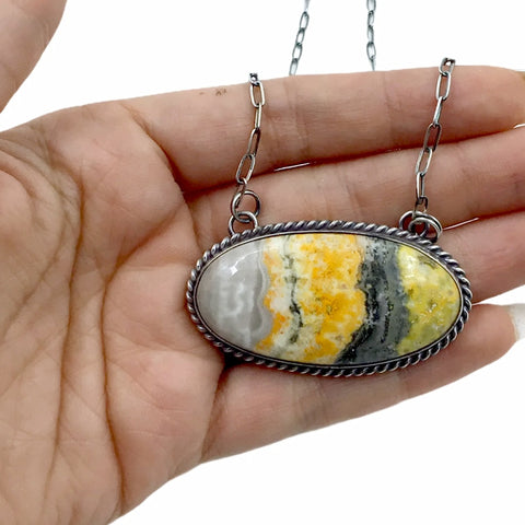 Image of Native American Pendants - Navajo Bumblebee Jasper Stone Narrow Oval Sterling Silver Chain Necklace - Samson Edsitty - Native American.