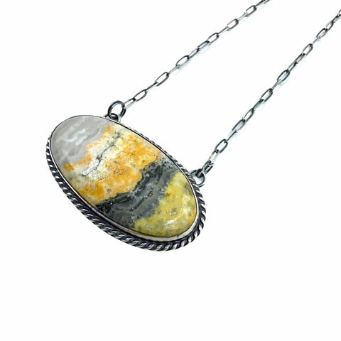 Image of Native American Pendants - Navajo Bumblebee Jasper Stone Narrow Oval Sterling Silver Chain Necklace - Samson Edsitty - Native American.