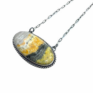 Native American Pendants - Navajo Bumblebee Jasper Stone Narrow Oval Sterling Silver Chain Necklace - Samson Edsitty - Native American.