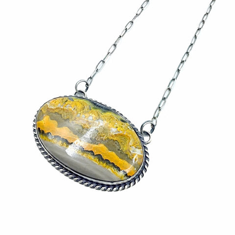 Image of Native American Pendants - Navajo Bumblebee Jasper Stone Oval Sterling Silver Chain Necklace - Samson Edsitty - Native American.