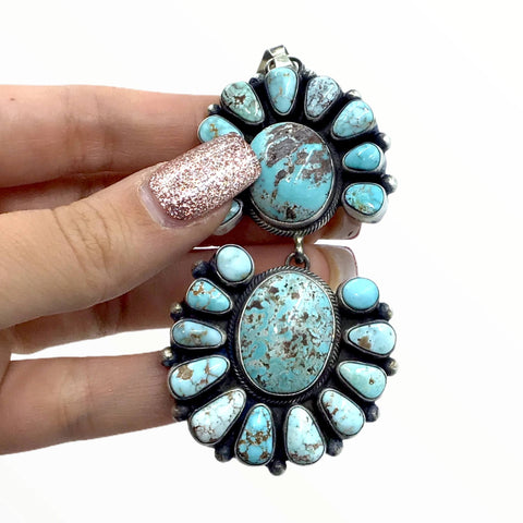 Image of Native American Pendants - Navajo Dry Creek Turquoise Double Clusters Dangle Sterling Silver Pendant - Livingston - Native American