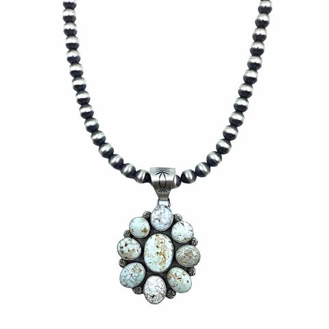 Image of Native American Pendants - Navajo Dry Creek Turquoise Flower Cluster Navajo Pearls Necklace  - Mary Ann Spencer - Native American