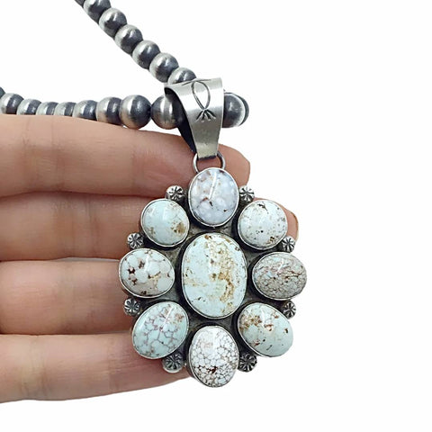 Image of Native American Pendants - Navajo Dry Creek Turquoise Flower Cluster Navajo Pearls Necklace  - Mary Ann Spencer - Native American