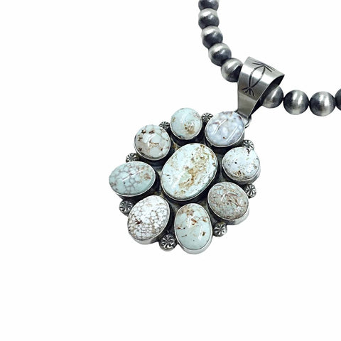 Image of Native American Pendants - Navajo Dry Creek Turquoise Flower Cluster Navajo Pearls Necklace  - Mary Ann Spencer - Native American