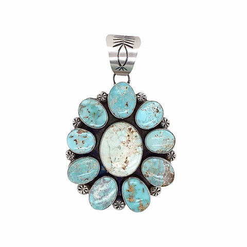 Image of Native American Pendants - Navajo Dry Creek Turquoise Flower Cluster Stamped Sterling Silver Pendant - Mary Ann Spencer - Native American