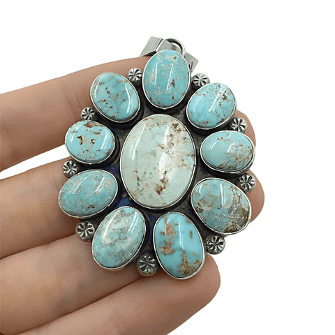 Image of Native American Pendants - Navajo Dry Creek Turquoise Flower Cluster Stamped Sterling Silver Pendant - Mary Ann Spencer - Native American