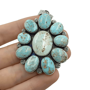 Native American Pendants - Navajo Dry Creek Turquoise Flower Cluster Stamped Sterling Silver Pendant - Mary Ann Spencer - Native American