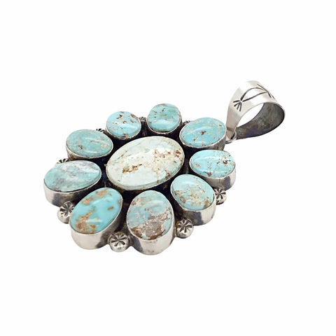 Image of Native American Pendants - Navajo Dry Creek Turquoise Flower Cluster Stamped Sterling Silver Pendant - Mary Ann Spencer - Native American