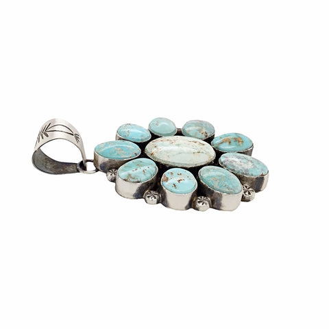 Image of Native American Pendants - Navajo Dry Creek Turquoise Flower Cluster Stamped Sterling Silver Pendant - Mary Ann Spencer - Native American