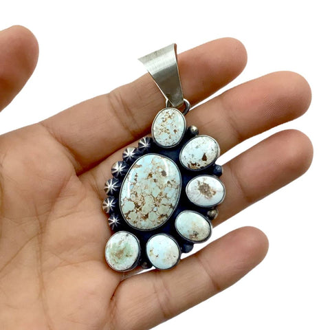 Image of Native American Pendants - Navajo Dry Creek Turquoise Half Cluster Stamped Beads Sterling Silver - Livingston - Native American