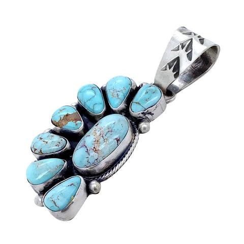 Image of Native American Pendants - Navajo Dry Creek Turquoise Half Cluster Stamped Sterling Silver Pendant - Bea Tom - Native American