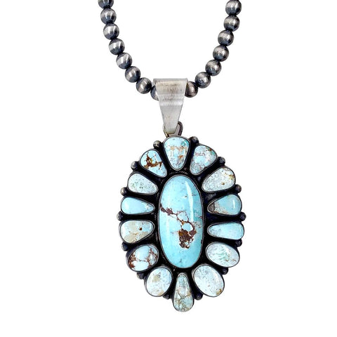 Image of Native American Pendants - Navajo Dry Creek Turquoise Large Long Cluster Sterling Silver Pendant Navajo Pearls Necklace - Livingston - Native American