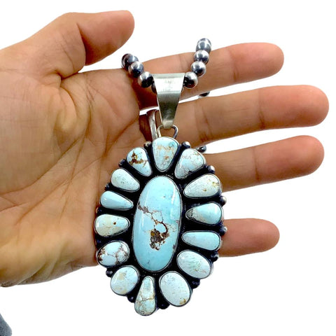 Image of Native American Pendants - Navajo Dry Creek Turquoise Large Long Cluster Sterling Silver Pendant Navajo Pearls Necklace - Livingston - Native American