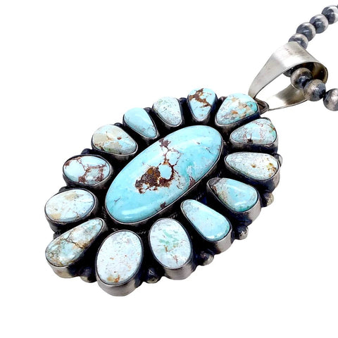 Image of Native American Pendants - Navajo Dry Creek Turquoise Large Long Cluster Sterling Silver Pendant Navajo Pearls Necklace - Livingston - Native American