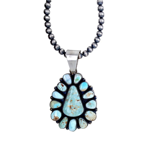 Image of Native American Pendants - Navajo Dry Creek Turquoise Triangle Cluster Sterling Silver Pendant Navajo Pearls Necklace - Livingston - Native American