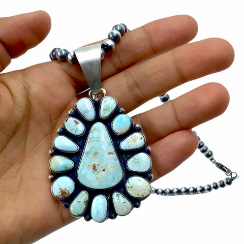 Image of Native American Pendants - Navajo Dry Creek Turquoise Triangle Cluster Sterling Silver Pendant Navajo Pearls Necklace - Livingston - Native American