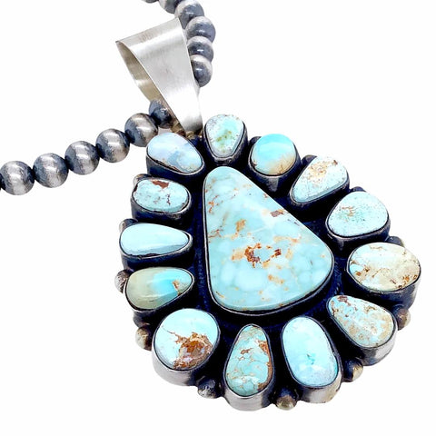 Image of Native American Pendants - Navajo Dry Creek Turquoise Triangle Cluster Sterling Silver Pendant Navajo Pearls Necklace - Livingston - Native American