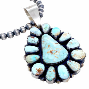 Native American Pendants - Navajo Dry Creek Turquoise Triangle Cluster Sterling Silver Pendant Navajo Pearls Necklace - Livingston - Native American