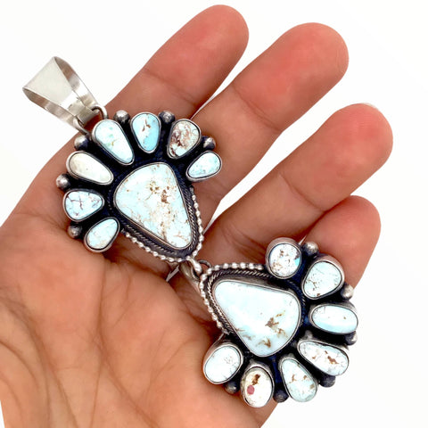 Image of Native American Pendants - Navajo Dry Creek Turquoise Triangle Double Clusters Dangle Sterling Silver Pendant - Livingston - Native American