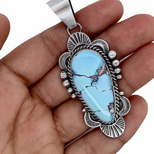 Native American Pendants - Navajo Golden Hills Turquoise Sterling Silver Stamped Pendant - Mary Ann Spencer - Native American