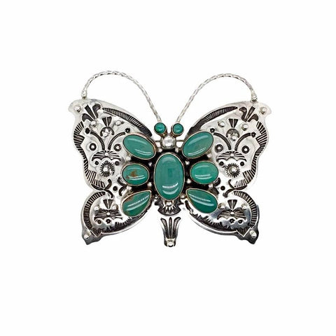 Image of Native American Pendants - Navajo Large Butterfly Royston Turquoise Cluster Stamped Sterling Silver Pin - Native American