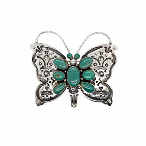 Native American Pendants - Navajo Large Butterfly Royston Turquoise Cluster Stamped Sterling Silver Pin - Native American