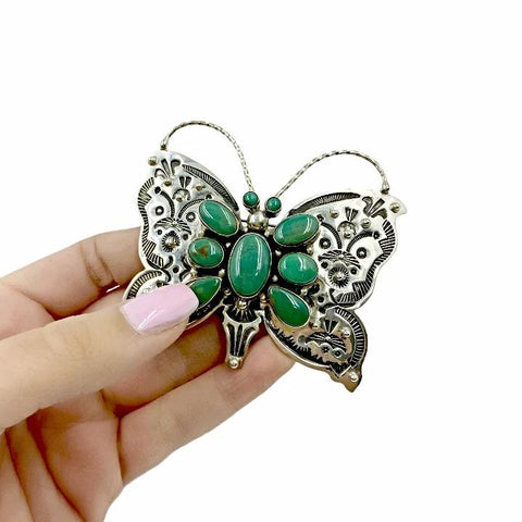 Image of Native American Pendants - Navajo Large Butterfly Royston Turquoise Cluster Stamped Sterling Silver Pin - Native American