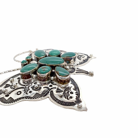 Image of Native American Pendants - Navajo Large Butterfly Royston Turquoise Cluster Stamped Sterling Silver Pin - Native American