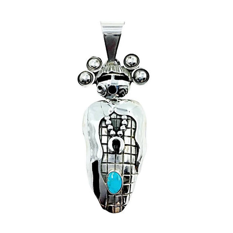 Image of Native American Pendants - Navajo Large Corn Maiden Sleeping Beauty Turquoise Sterling Silver Pendant - Alex Sanchez - Native American