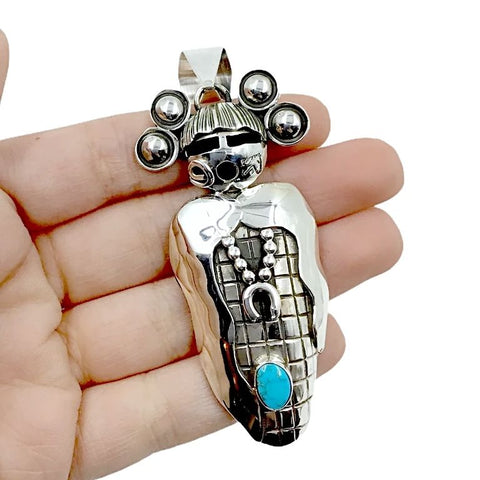 Image of Native American Pendants - Navajo Large Corn Maiden Sleeping Beauty Turquoise Sterling Silver Pendant - Alex Sanchez - Native American