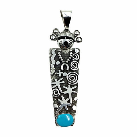 Image of Native American Pendants - Navajo Large Kachina Petroglyphs Sleeping Beauty Turquoise Pendant - Alex Sanchez - Native American