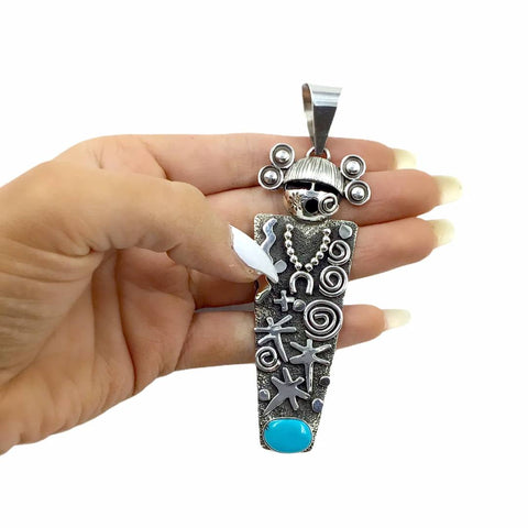 Image of Native American Pendants - Navajo Large Kachina Petroglyphs Sleeping Beauty Turquoise Pendant - Alex Sanchez - Native American