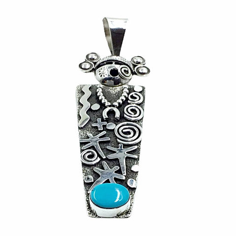 Image of Native American Pendants - Navajo Large Kachina Petroglyphs Sleeping Beauty Turquoise Pendant - Alex Sanchez - Native American