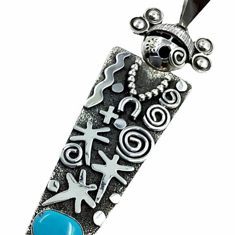 Image of Native American Pendants - Navajo Large Kachina Petroglyphs Sleeping Beauty Turquoise Pendant - Alex Sanchez - Native American