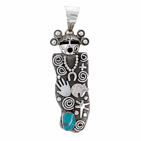 Image of Native American Pendants - Navajo Large Kachina Petroglyphs Turquoise Kingman Pendant - Alex Sanchez - Native American