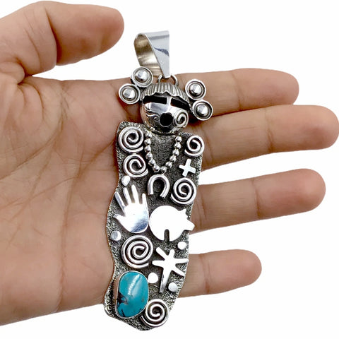 Image of Native American Pendants - Navajo Large Kachina Petroglyphs Turquoise Kingman Pendant - Alex Sanchez - Native American