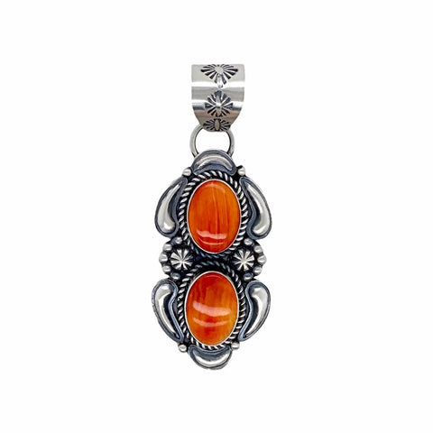 Image of Native American Pendants - Navajo Orange Spiny Oyster Double Stone Sterling Silver Pendant - Jeff James - Native American