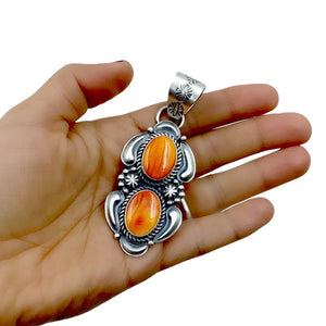 Native American Pendants - Navajo Orange Spiny Oyster Double Stone Sterling Silver Pendant - Jeff James - Native American
