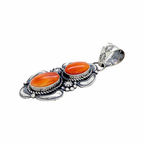 Image of Native American Pendants - Navajo Orange Spiny Oyster Double Stone Sterling Silver Pendant - Jeff James - Native American