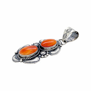 Native American Pendants - Navajo Orange Spiny Oyster Double Stone Sterling Silver Pendant - Jeff James - Native American