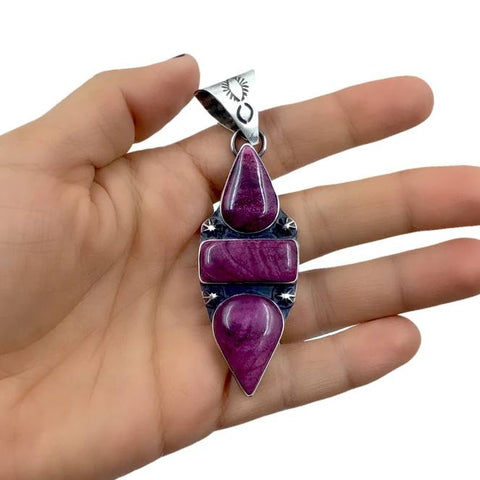 Image of Native American Pendants - Navajo Purple Spiny Oyster Triple Stone Sterling Silver Pendant - Richard Begay - Native American